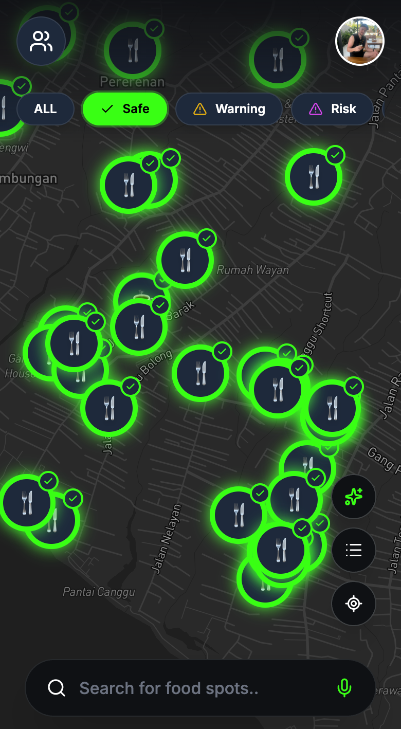 Map view of safe restaurants in Bali